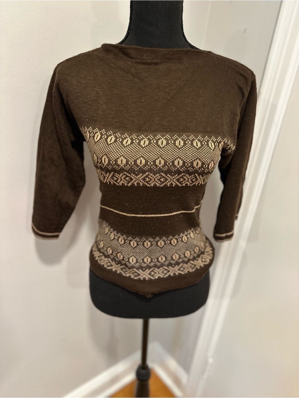 VTG 70s/80s Phil Rose brown boatneck bell sleeve Fair Isle pattern sweater.